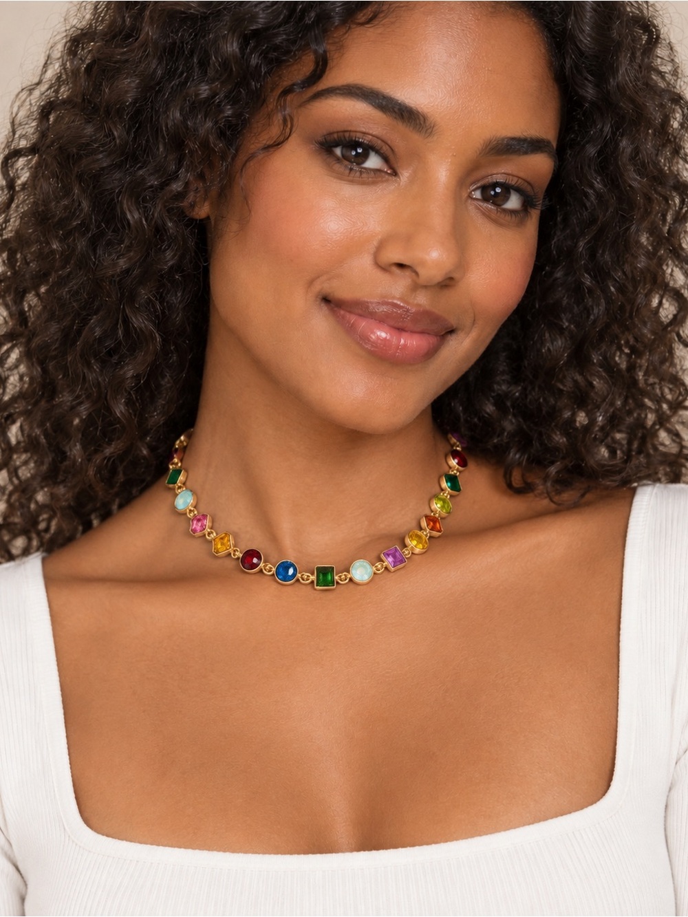 Gold-Tone Multicolor Gemstone Choker Necklace - Women Jewelry